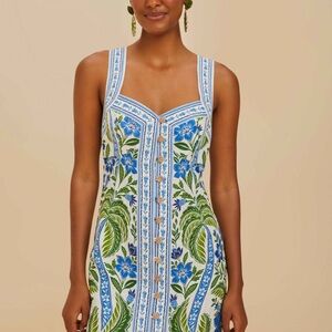 Floral Sleeveless Dress with Blue and Green Pattern, linen